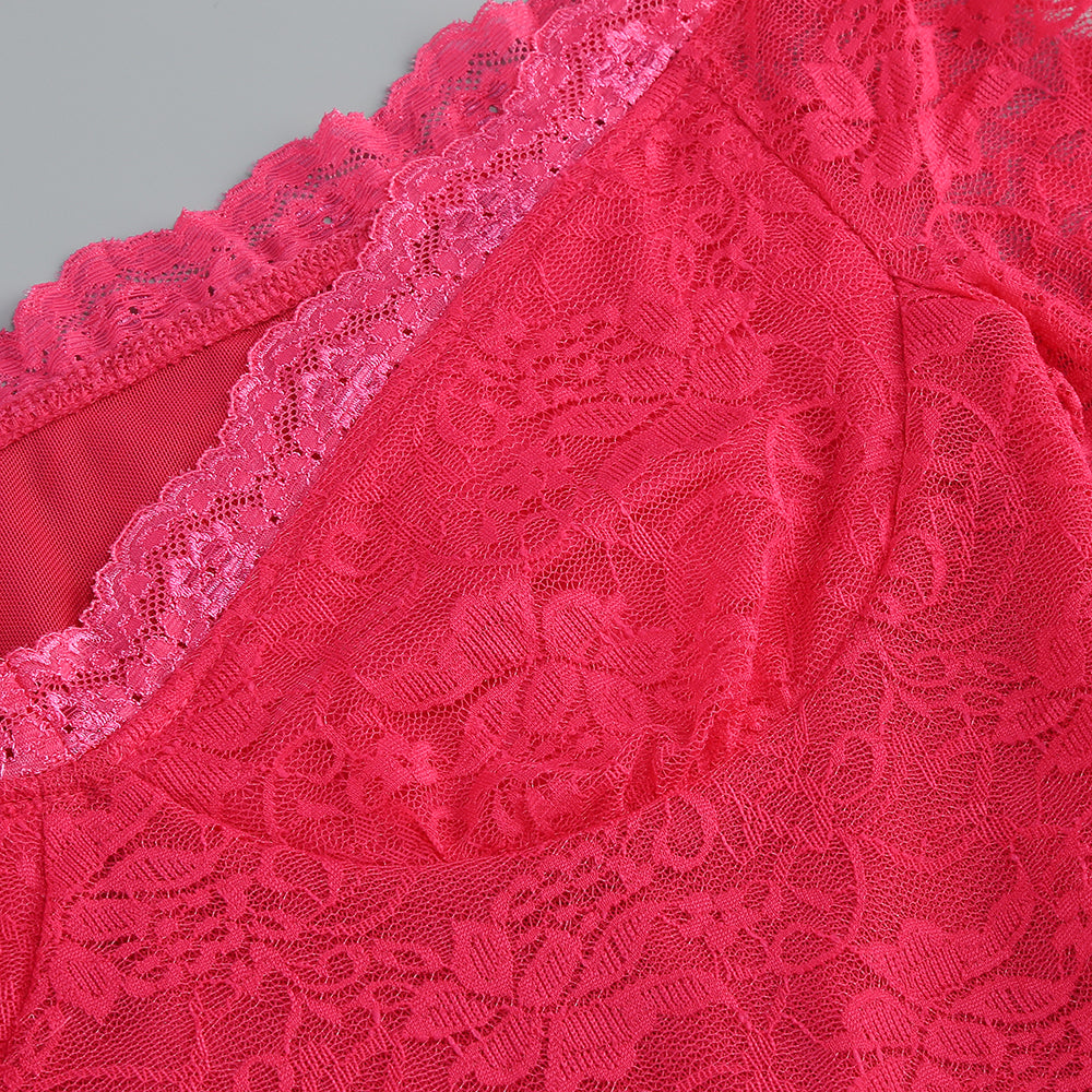 Long Sleeve Lace Ruffle Two Piece Dress Hot Pink HV1434