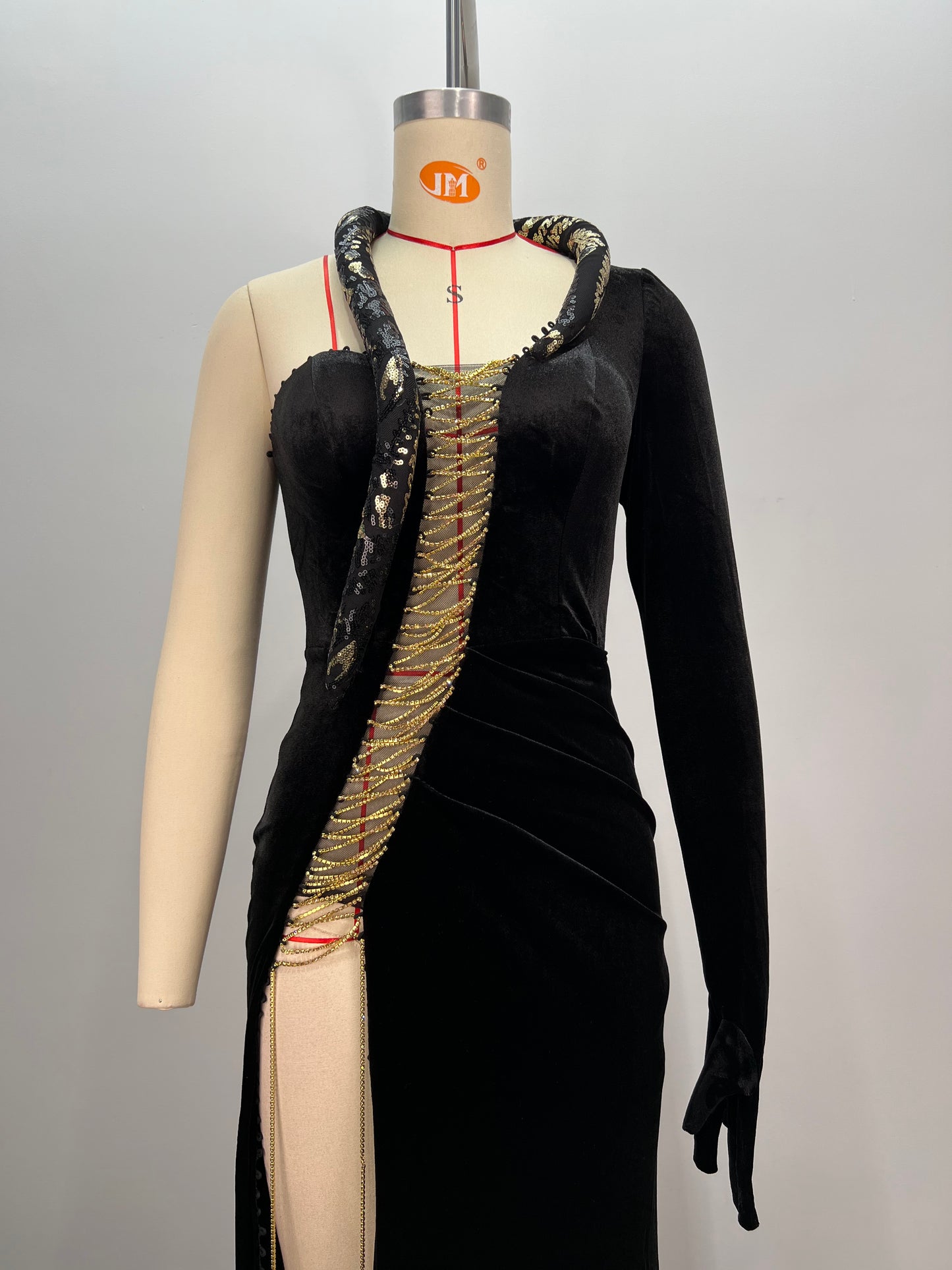 One Sleeve Lace Up Maxi Velvet Dress Black HV1764