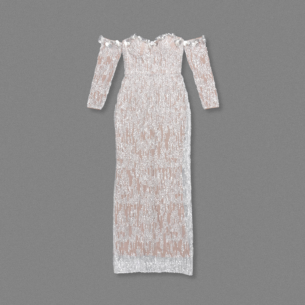 Long Sleeve Bardot Maxi Dress Nude HV2134