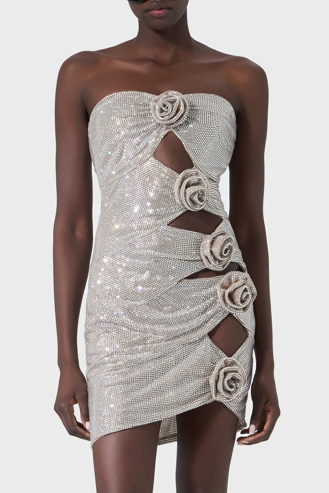 Strapless Floral Studded Dress Nude