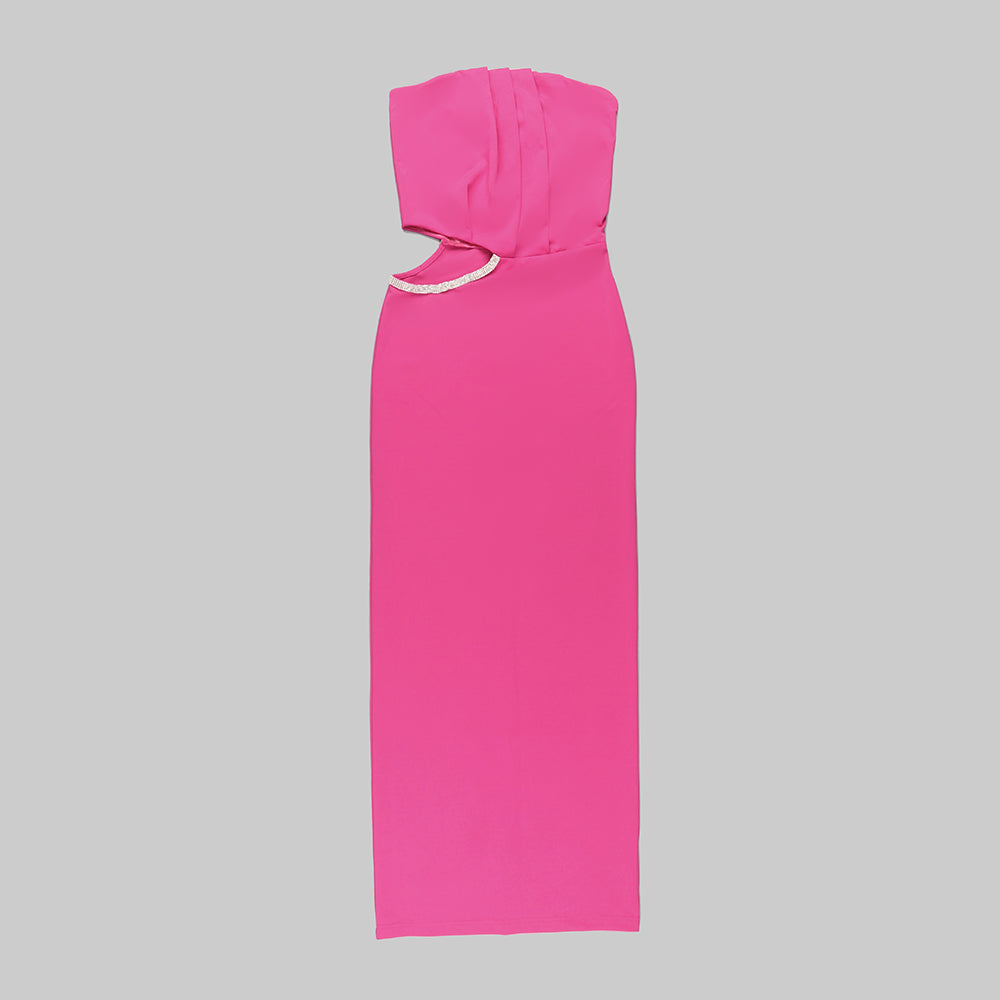 Strapless Crystal Cut Out Maxi Dress Hot Pink HV9724