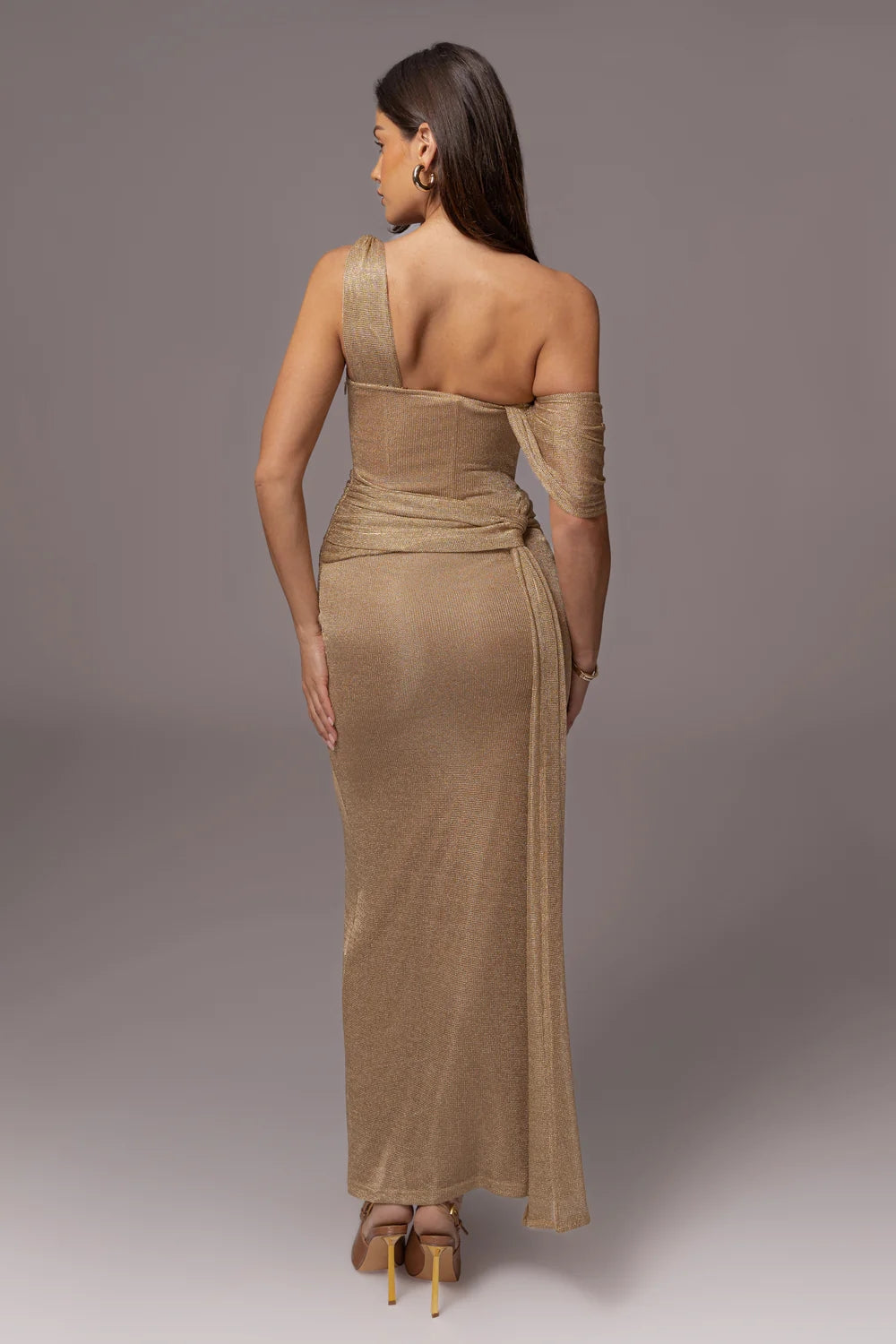 One Shoulder Draped Maxi Dress Gold Nude HV2070