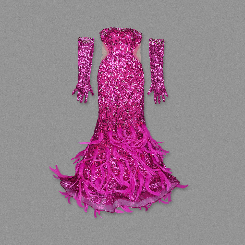 Strapless Sequin Feather Maxi Dress Hot Pink HV1553