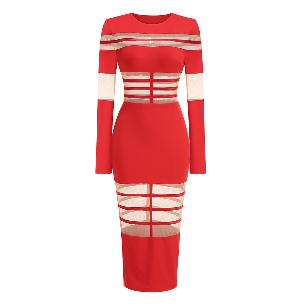 Long Sleeve Mesh Insert Midi Dress HV1502