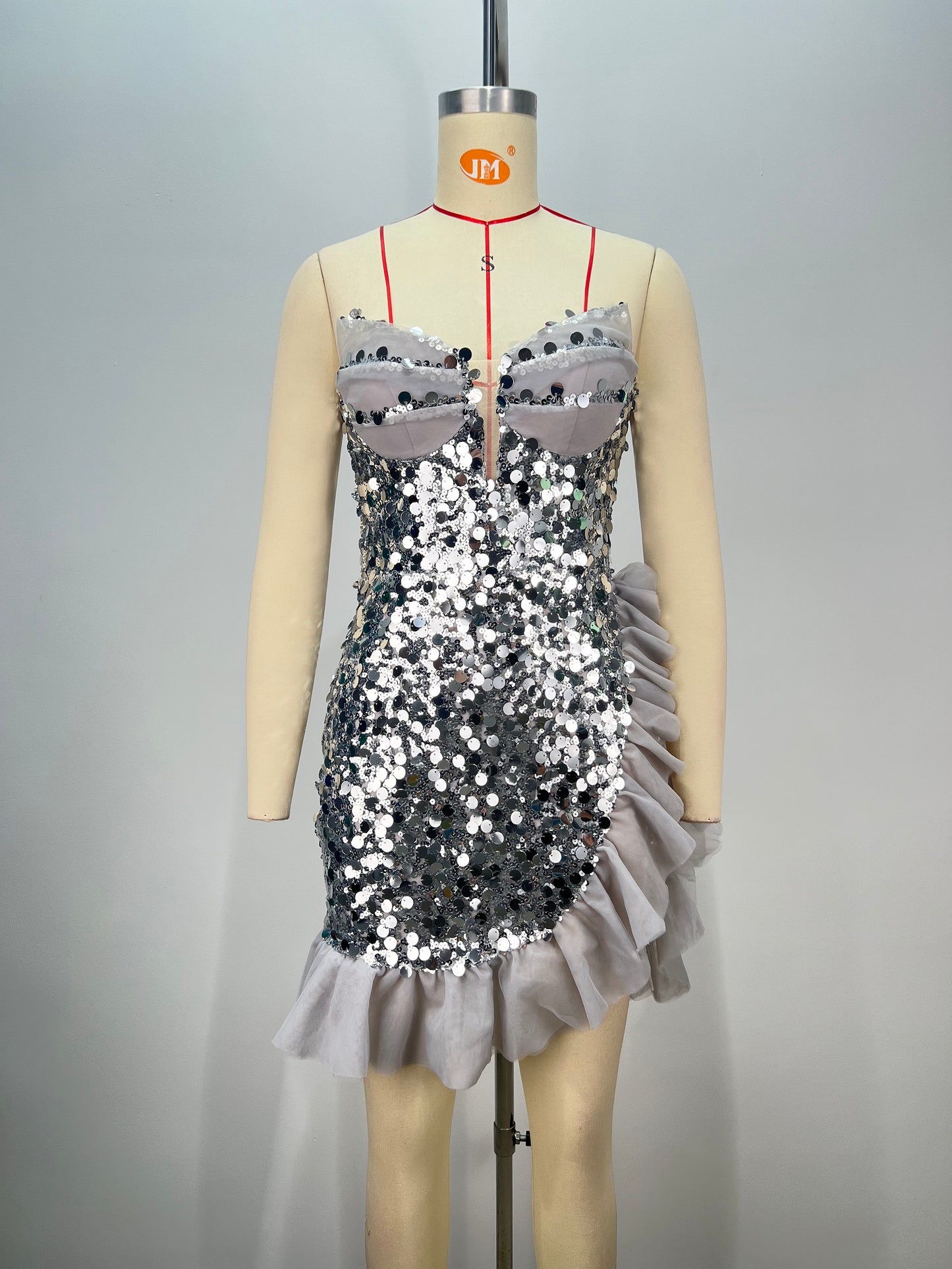 Strapless Sequin Ruffle Dress Silver HV1709