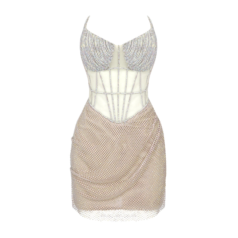 Strapless Crystal Bustier Draped Dress Nude HV9680