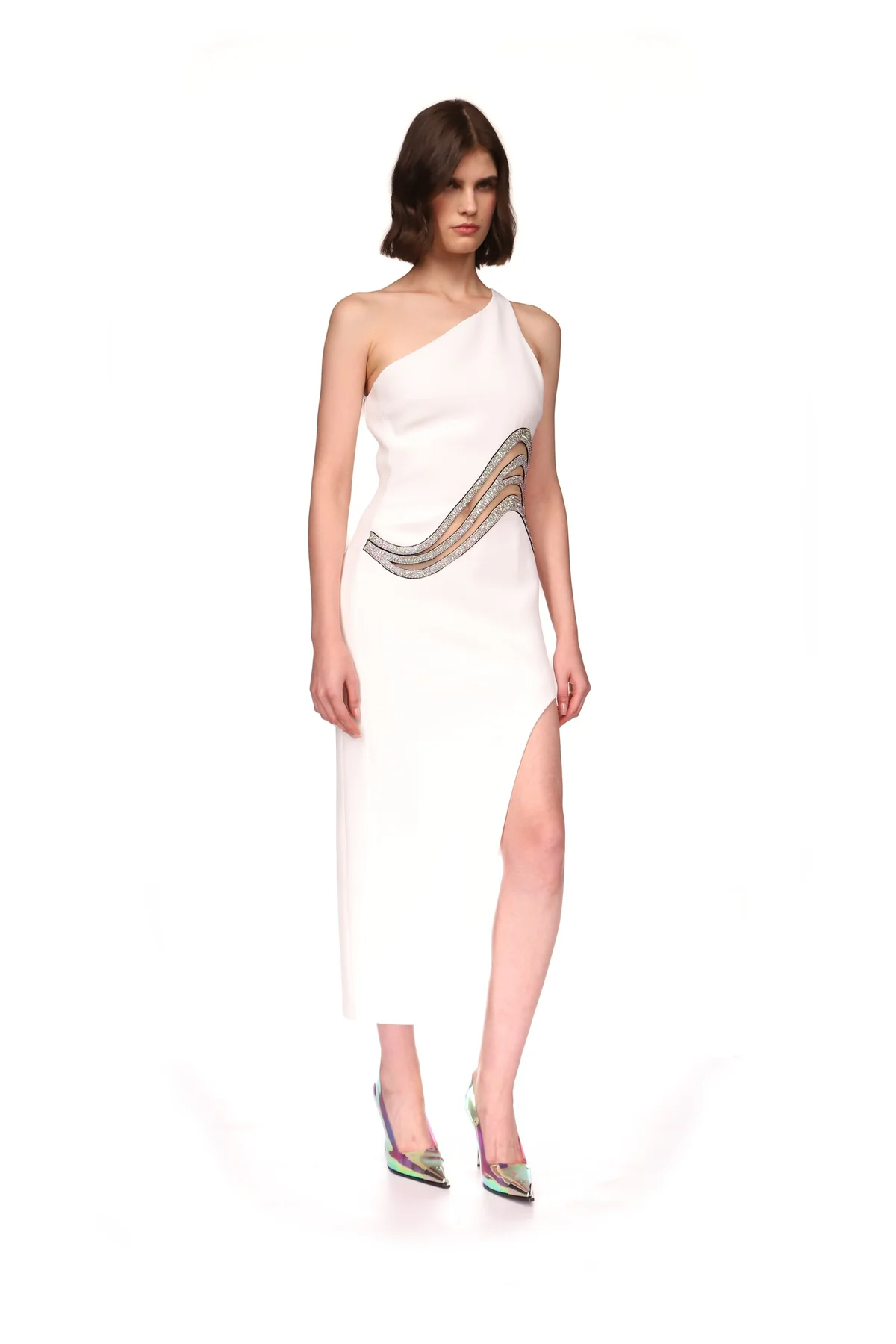 One Shoulder Embellished Maxi Dress White HV9265
