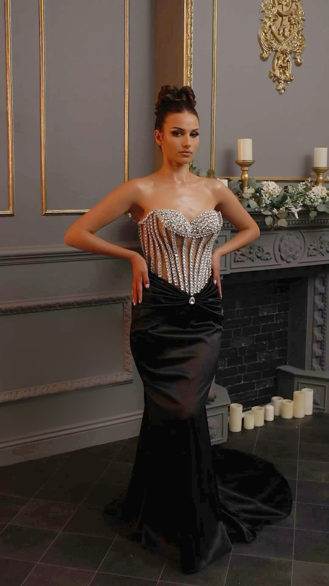 Strapless Crystal Corset Maxi Velvet Dress Black HV1918