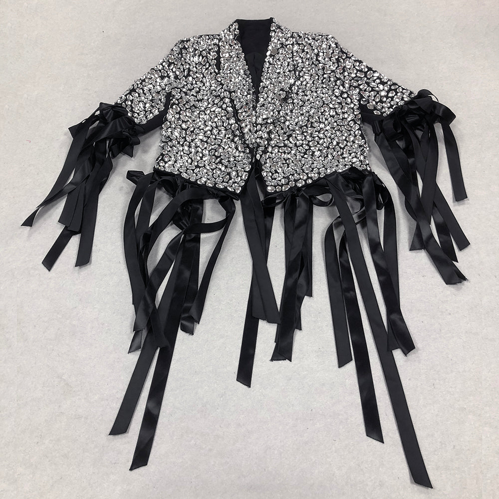 Long Sleeve Crystal Ribbon Jacket Black