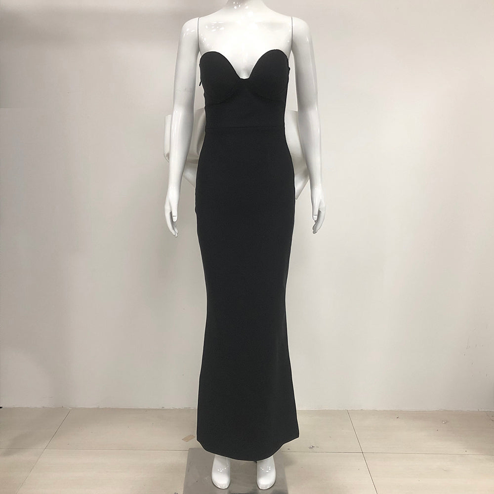 Strapless Bustier Bow Detail Maxi Dress Black White HV10110