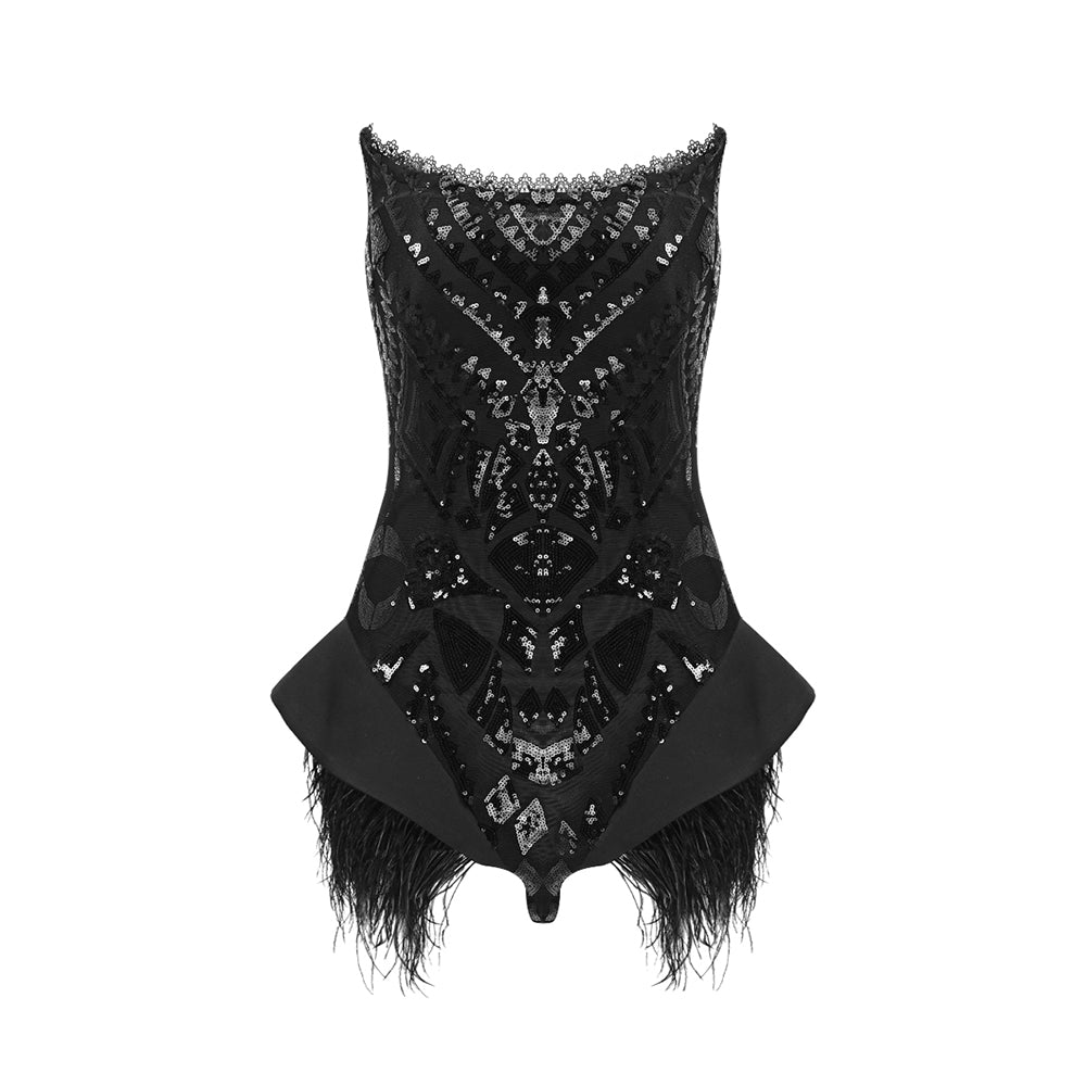 Strapless Sequin Feather Bodysuit Black HV9719