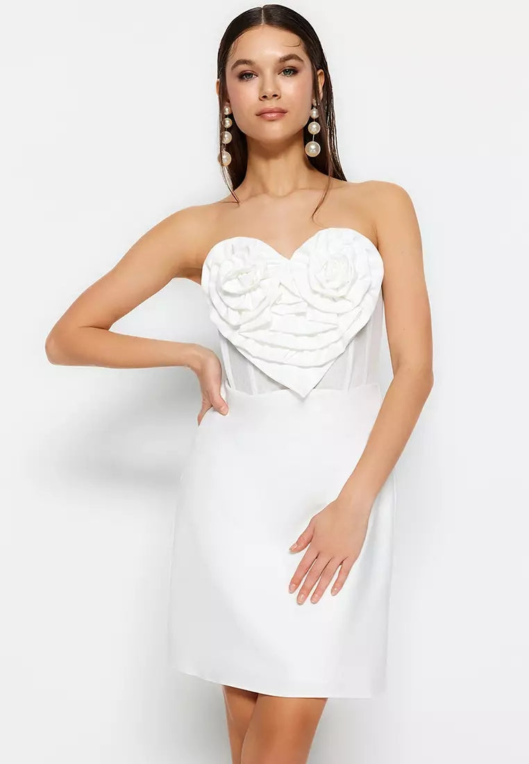 Floral Strapless A Line Dress White HV1175