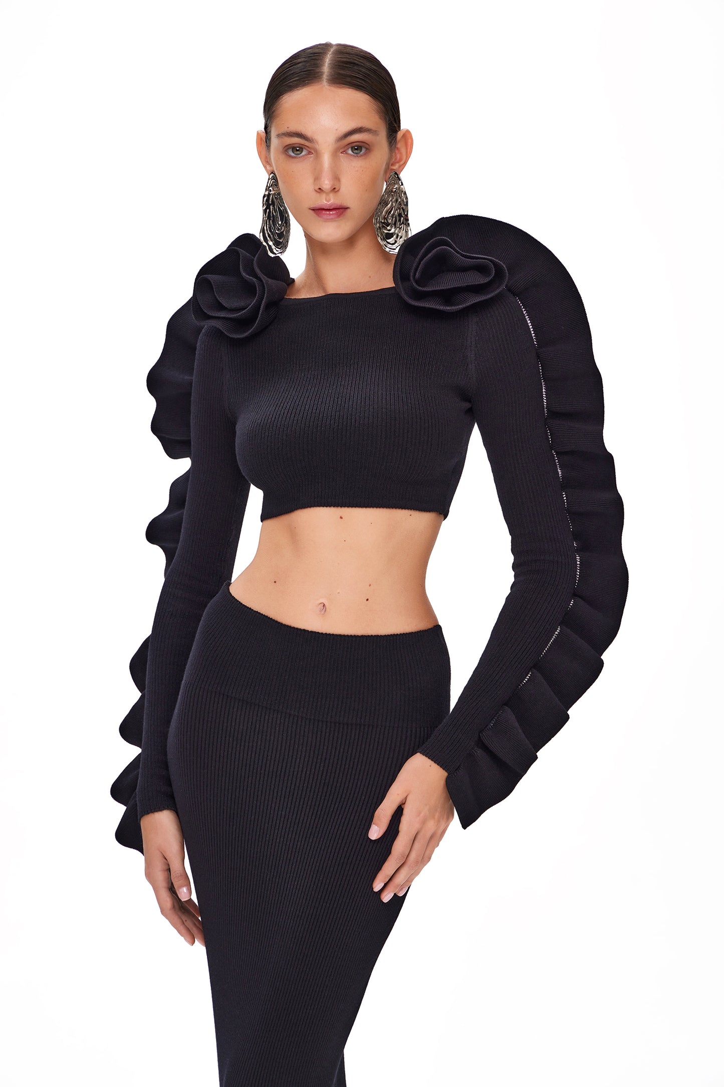 Ruffle Long Sleeve Two Piece Maxi Dress Black HV1030