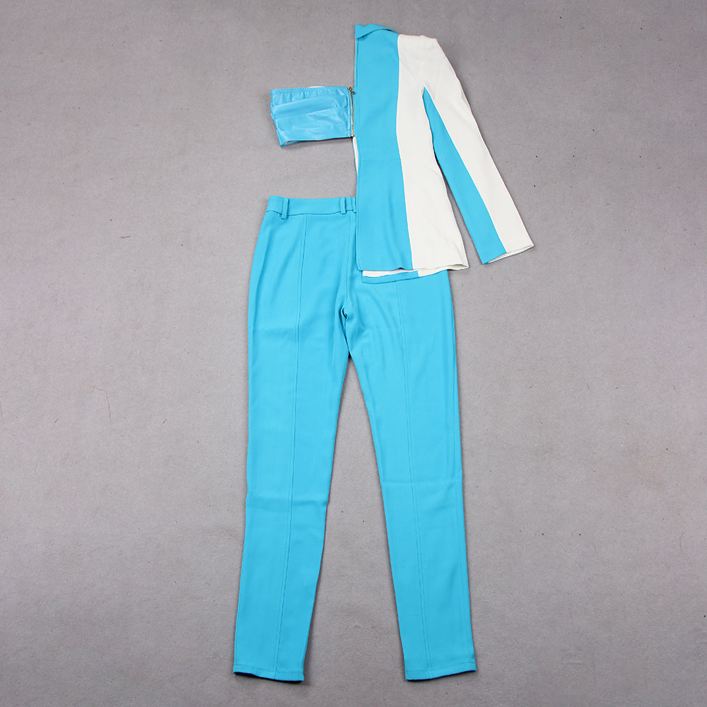 One Sleeve Blazer Two Piece Jumpsuit Blue White HV8855