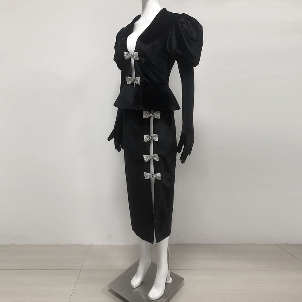 Short Sleeve Crystal Bow Midi Two Piece Velvet Dress Black HV2097