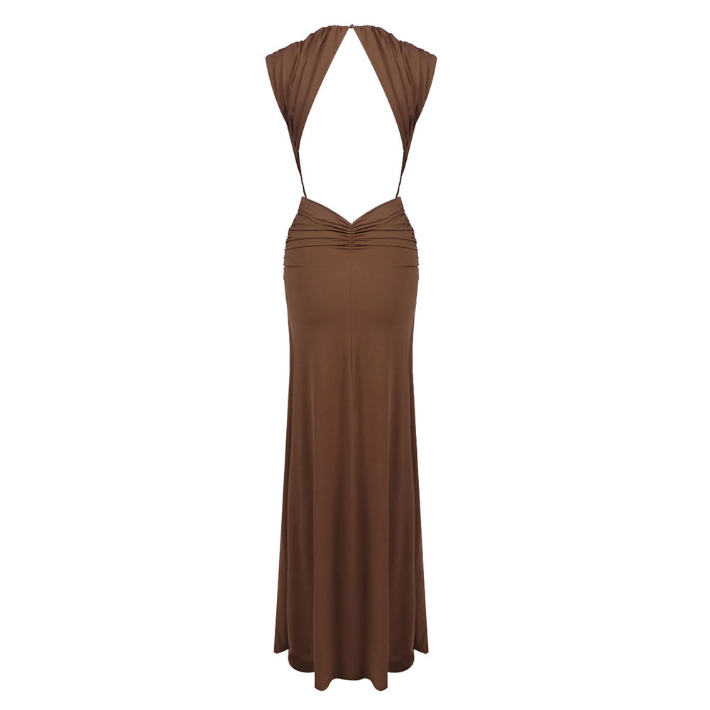 Backless Draped Maxi Dress Brown HV2673