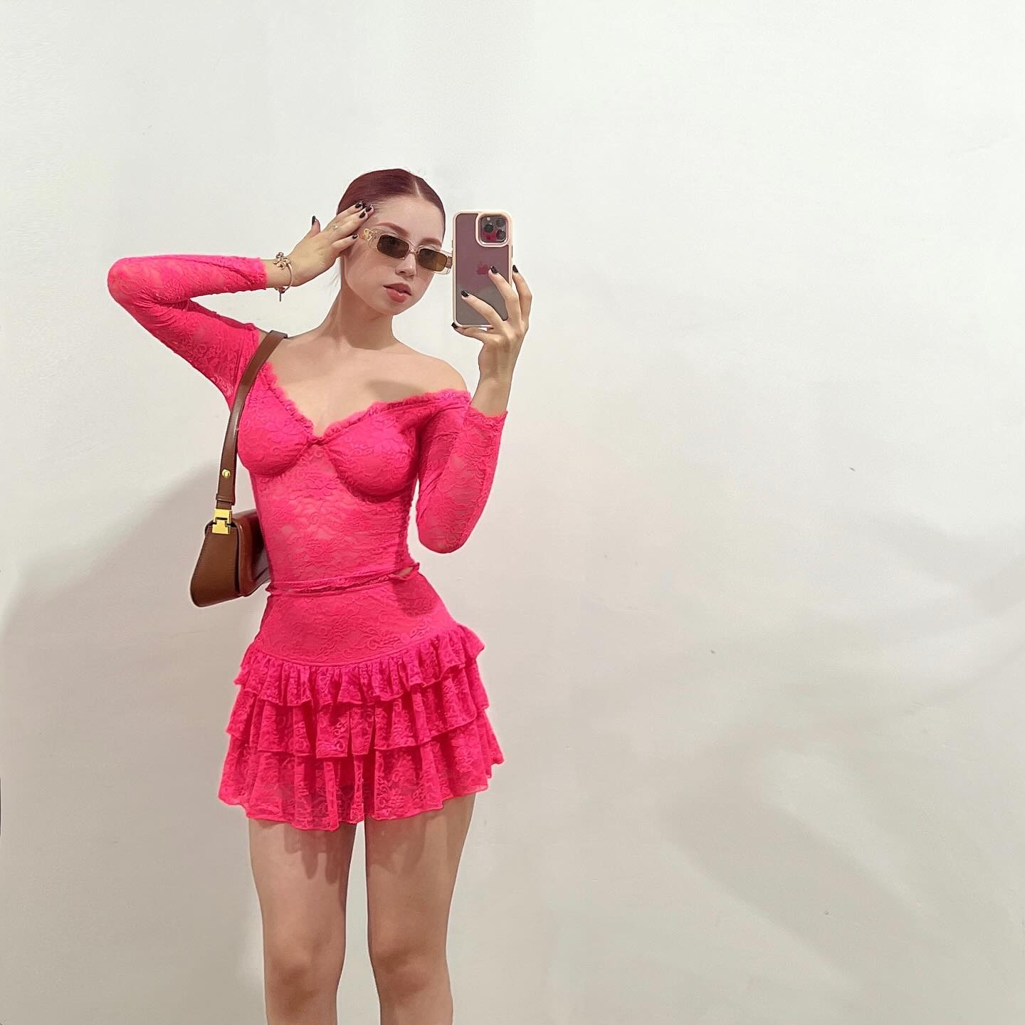 Long Sleeve Lace Ruffle Two Piece Dress Hot Pink HV1434