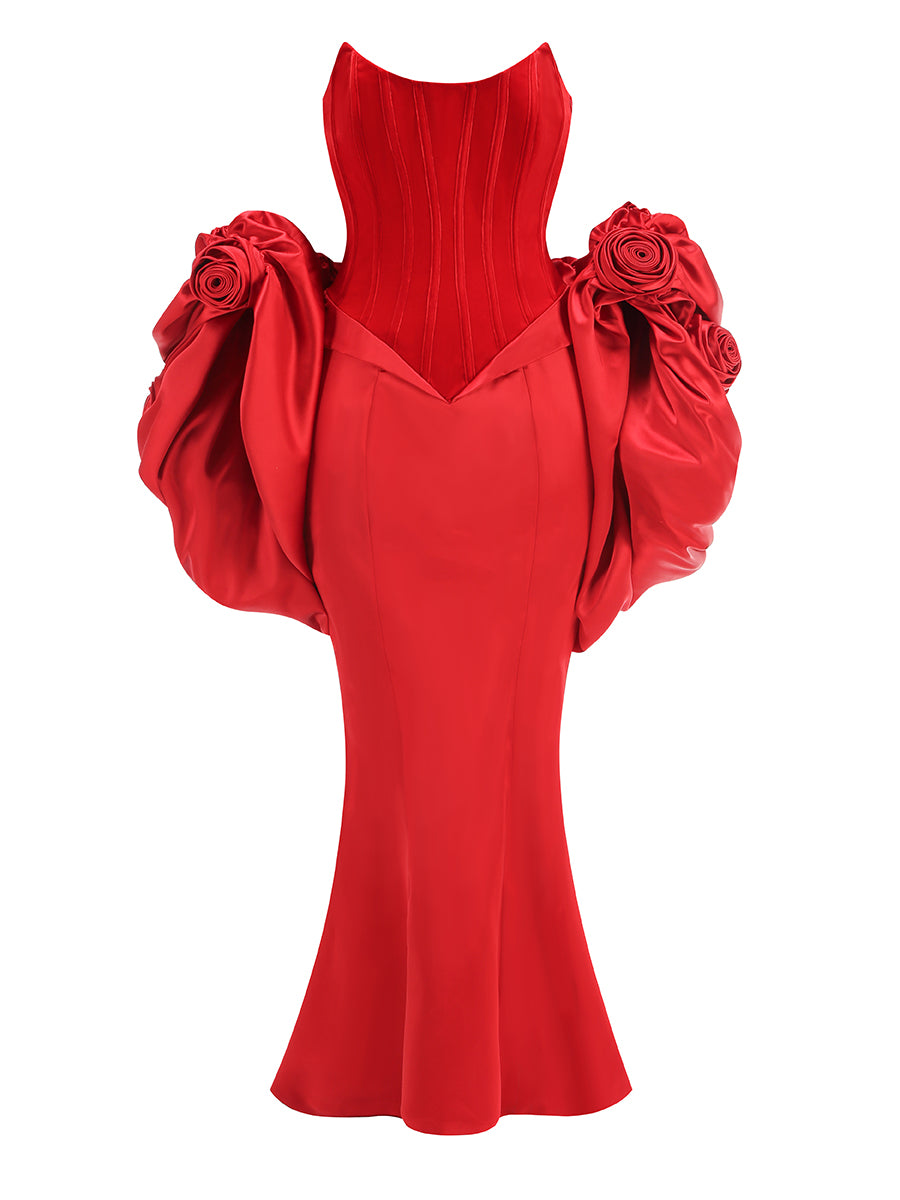 Strapless Floral Puff Detail Corset Maxi Dress Red