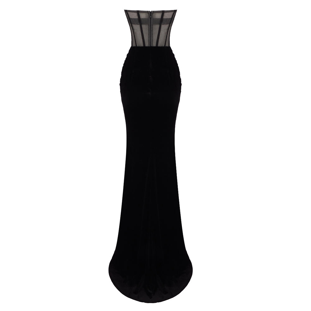 Strapless Crystal Corset Maxi Velvet Dress Black HV1918