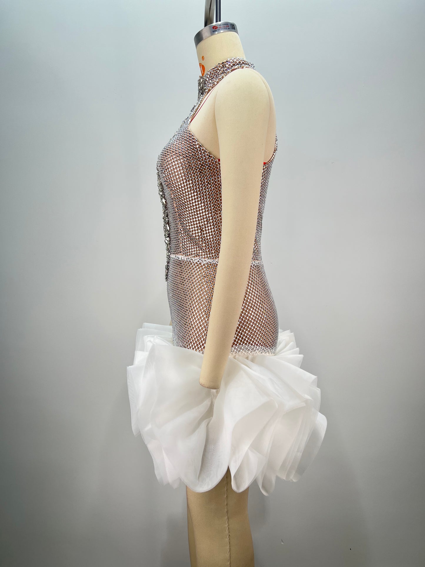Halter Crystal Ruffle Dress White HV1827