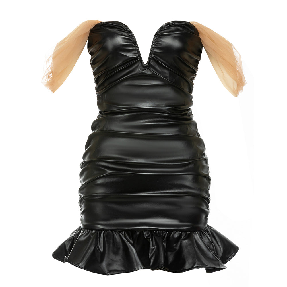 Off Shoulder Ruched Faux Leather Dress Black HV9694