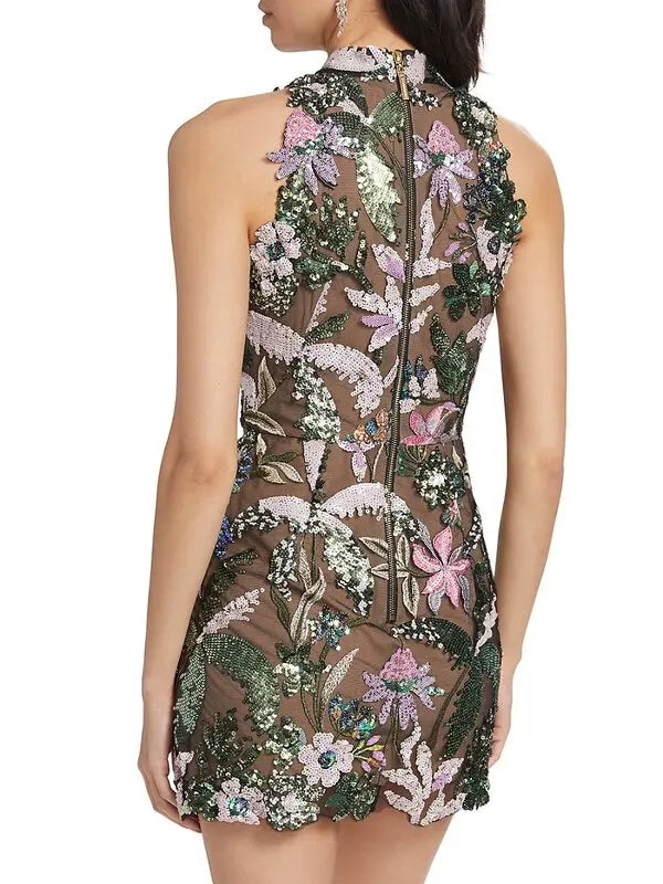 Floral Embroidered Sequin Dress Green Pink HV1600