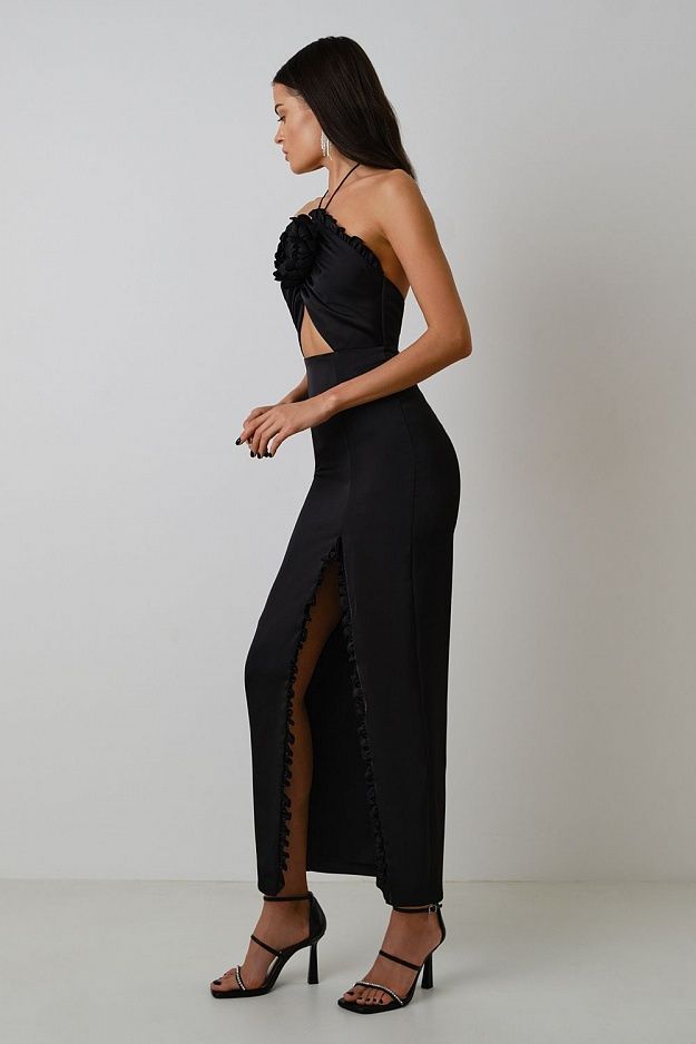 Halter Flower Ruffle Detail Maxi Dress HV9544