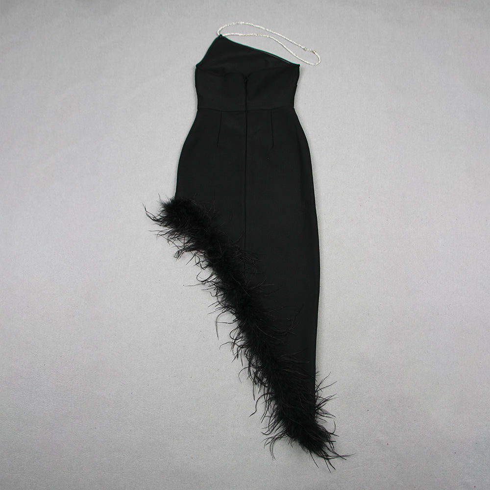 Halter Crystal Feather Maxi Dress Black HV1121
