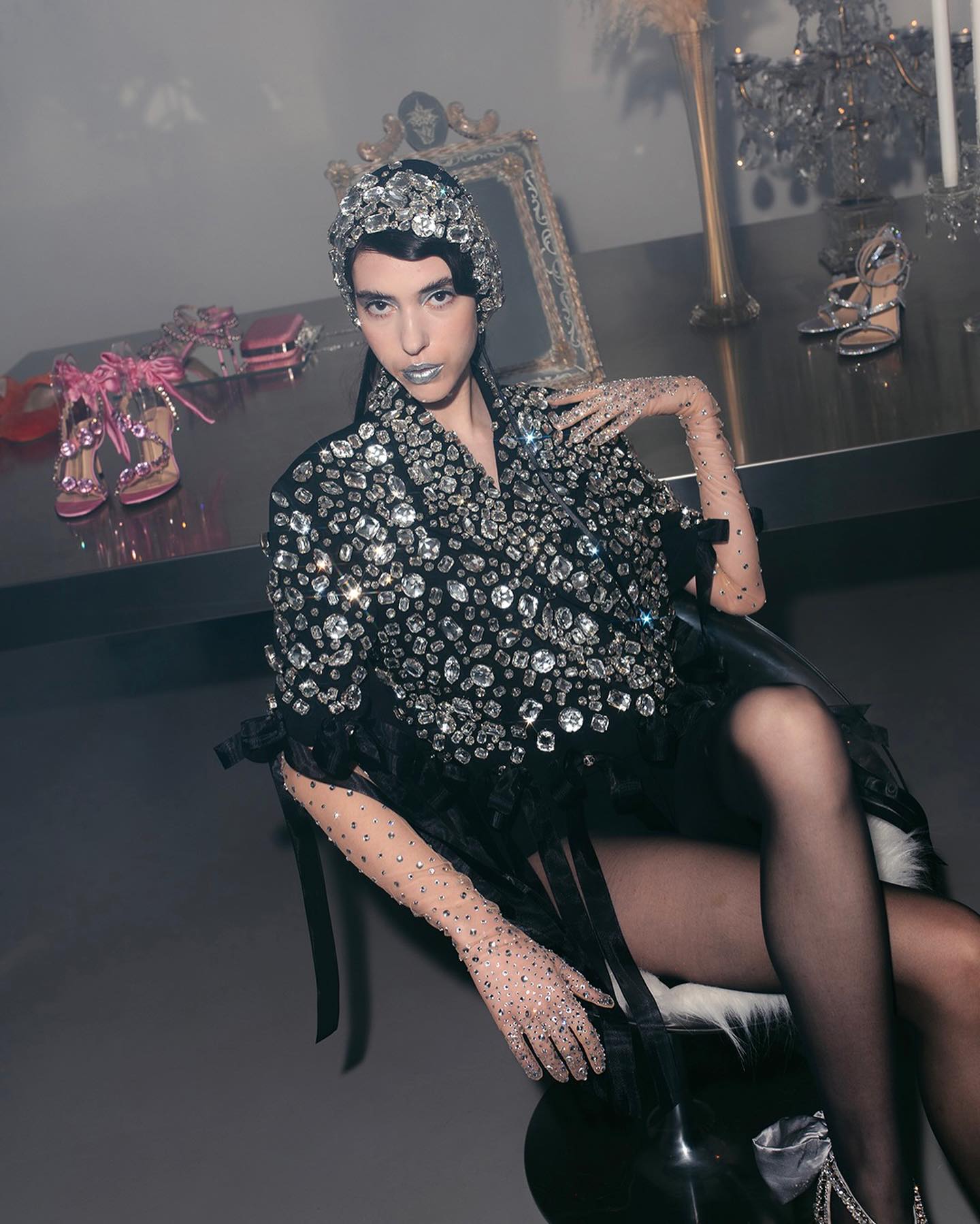 Long Sleeve Crystal Ribbon Jacket Black
