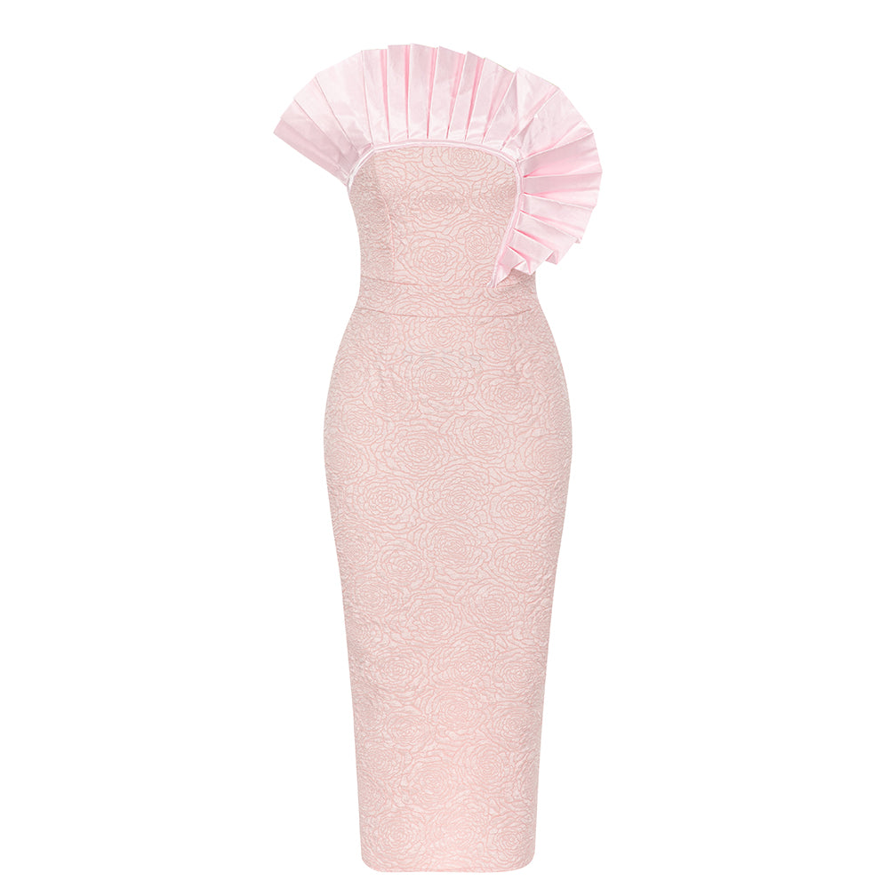 Pleated Detail Strapless Midi Dress Pink