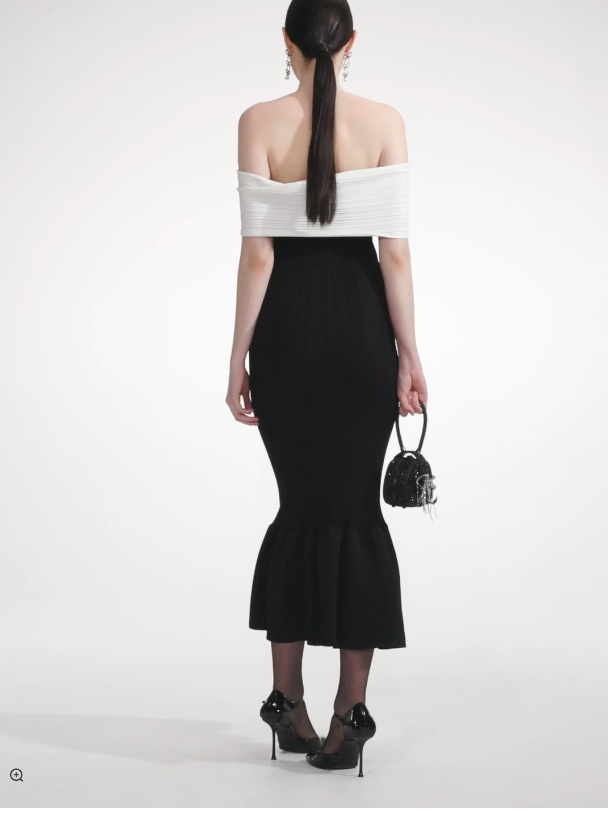 Bardot Ribbed Fluted Midi Dress Black White