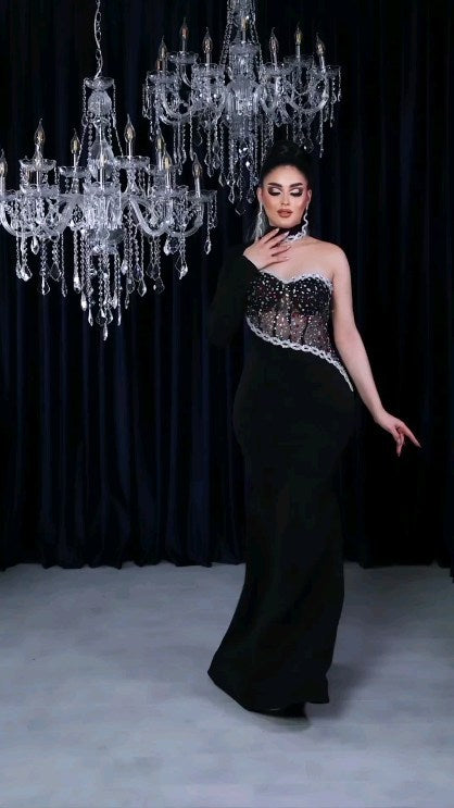 One Sleeve Embellished Mermaid Maxi Dress Black HV1208