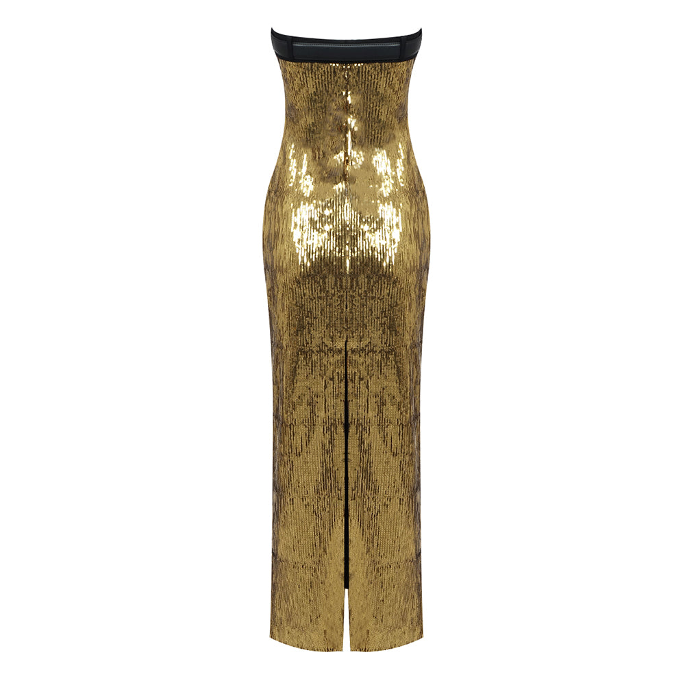 Strapless Belt Detail Sequin Maxi Dress Gold HV9632