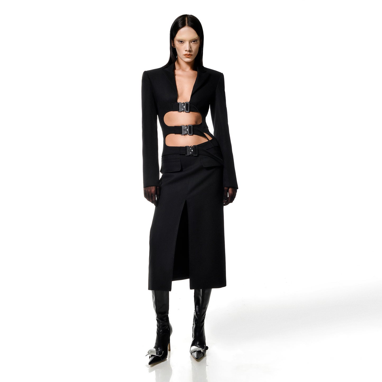 Long Sleeve Buckle Detail Midi Coat Dress Black HV9939