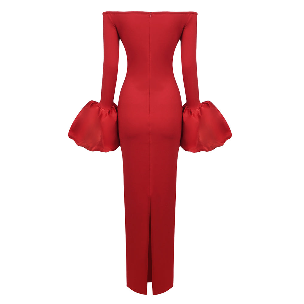 Long Sleeve Bardot Maxi Dress Red HV1855