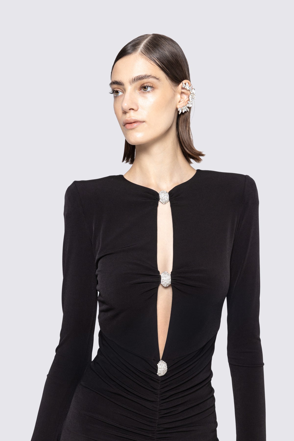 Long Sleeve Ruched Cut Out Dress Black HV2239