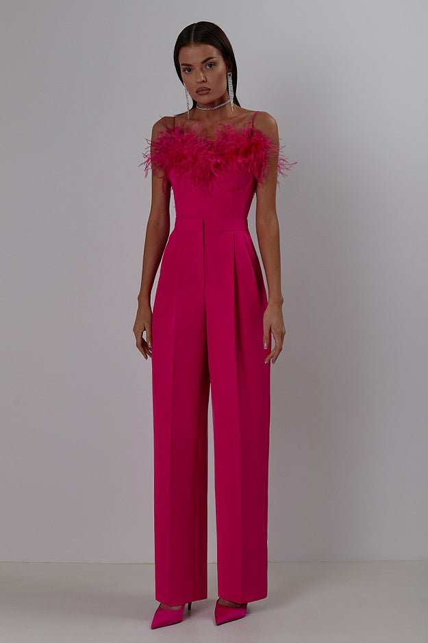 Long Sleeve Feather Detail Suit Hot Pink HV1267