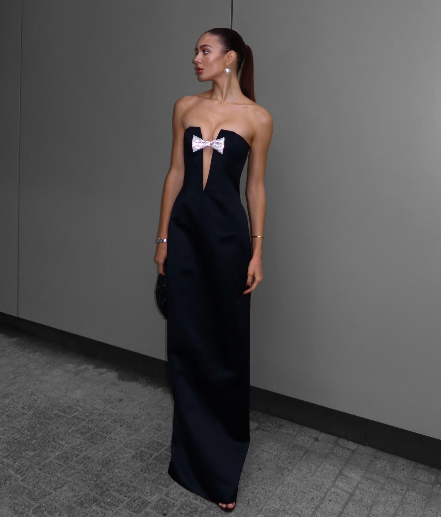 Strapless Crystal Bow Maxi Dress Black HV1775