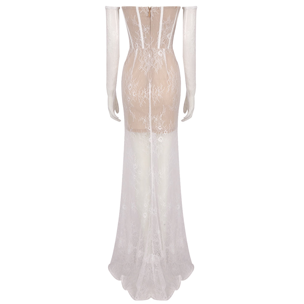 Strapless Lace Corset Maxi Dress White HV1507