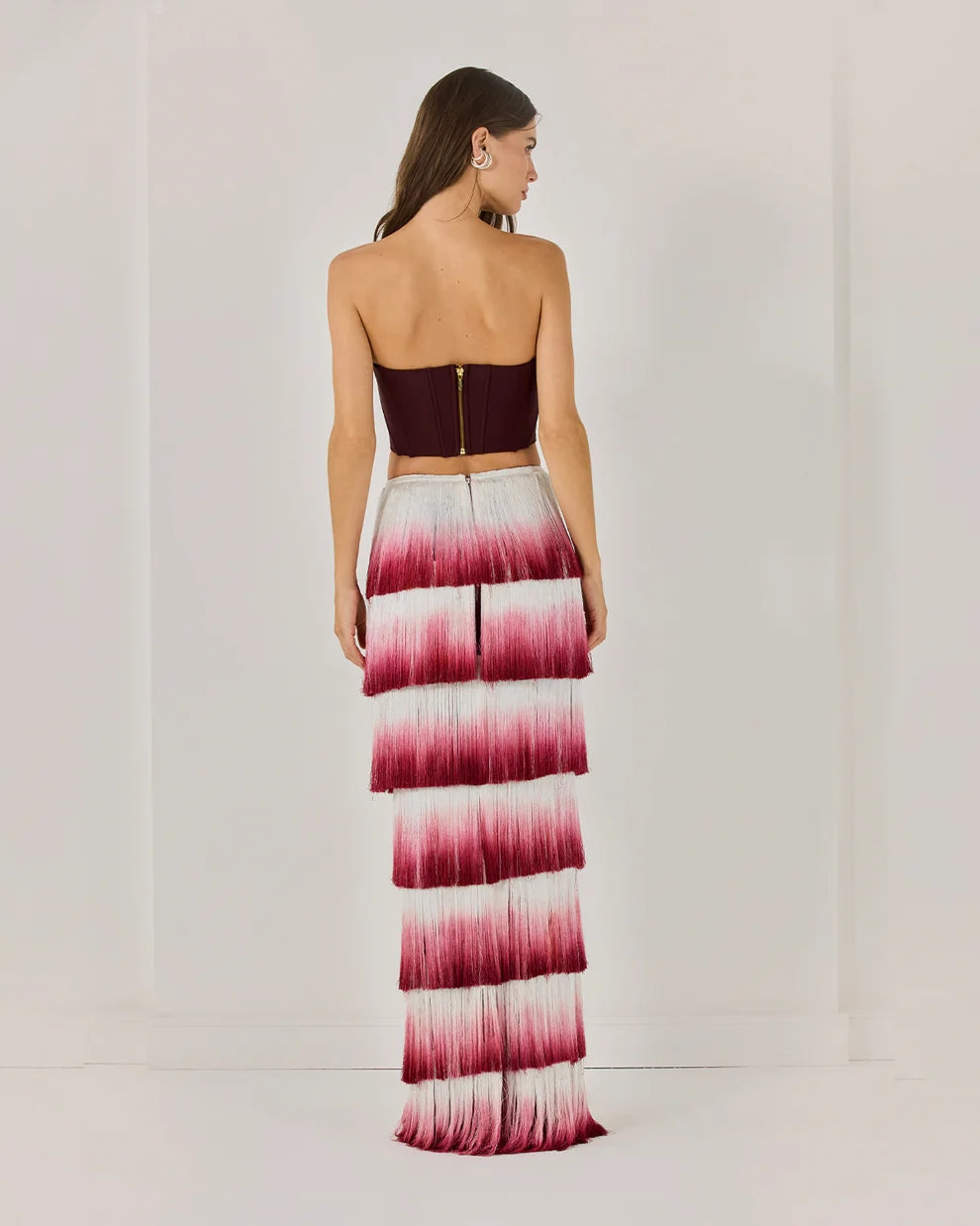 Strapless Tassel Two Piece Maxi Dress Burgundy HV2598