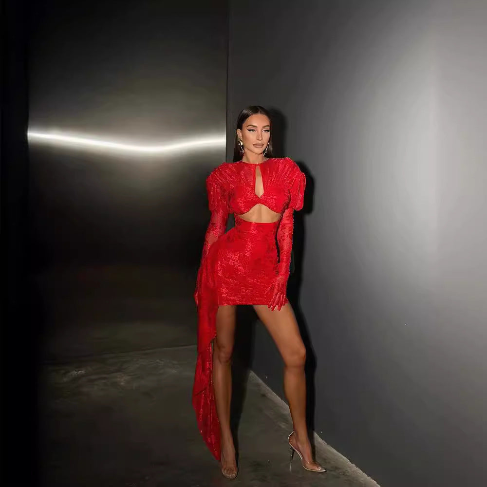 Long Sleeve Draped Lace Dress Red