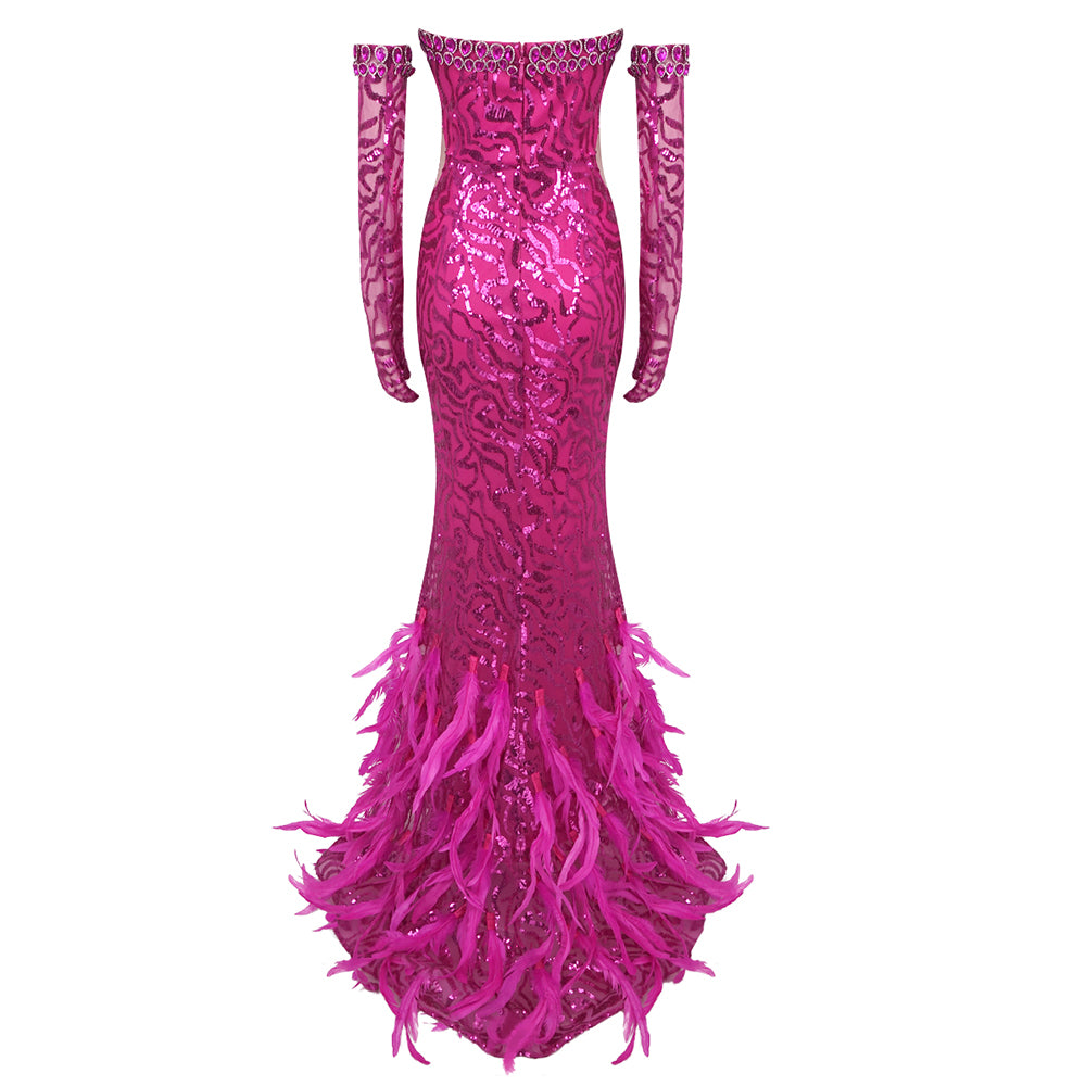 Strapless Sequin Feather Maxi Dress Hot Pink HV1553
