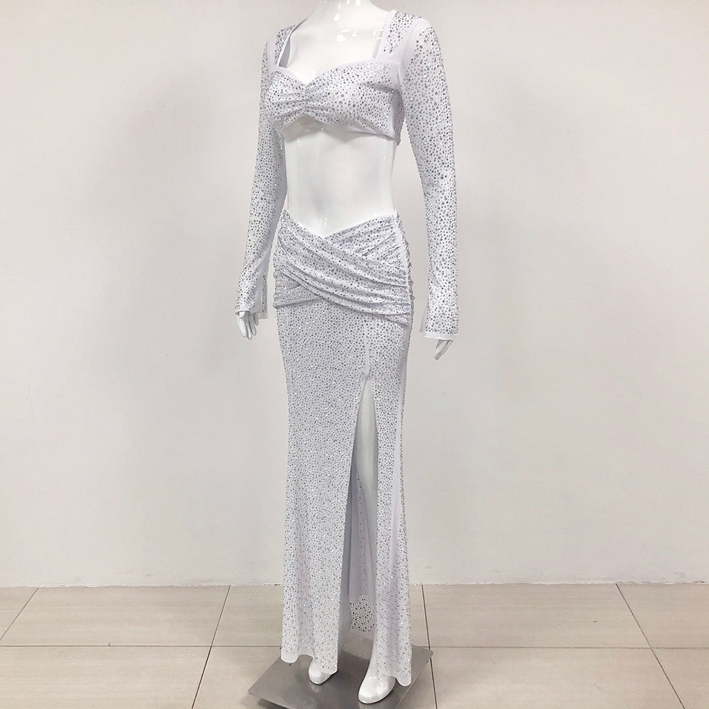 Long Sleeve Crystal Two Piece Maxi Dress Silver HV1569