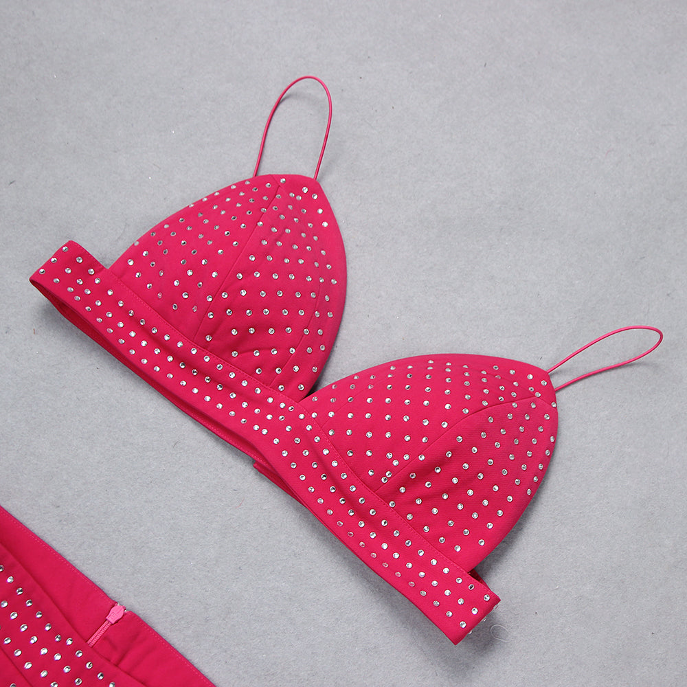 Sparkly Long Sleeve Three Piece Suit Hot Pink HV9601