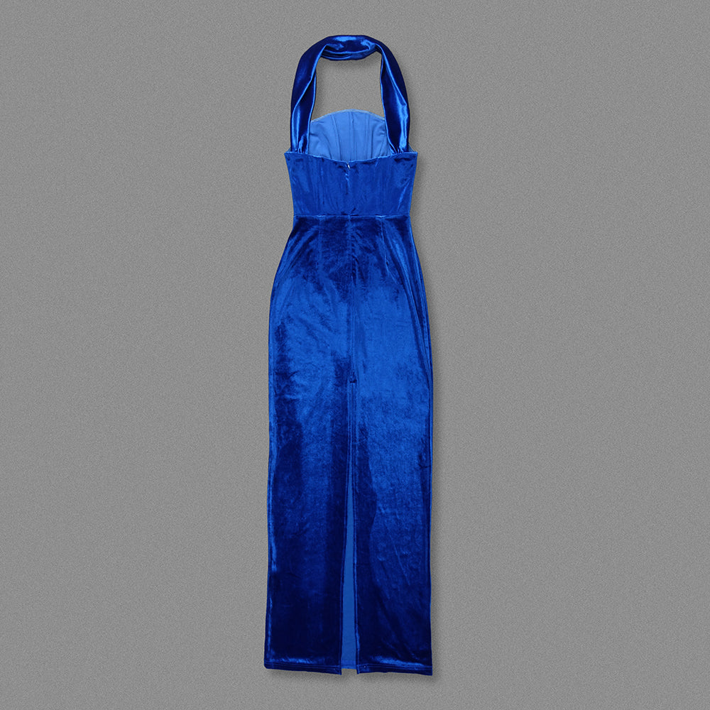 Halter Maxi Velvet Dress Blue HV2031