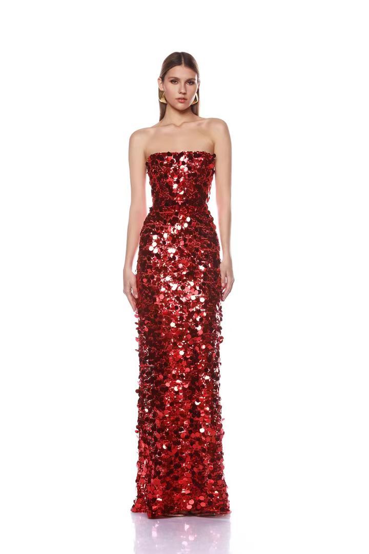 Strapless Big Sequins Maxi Dress Red BB505