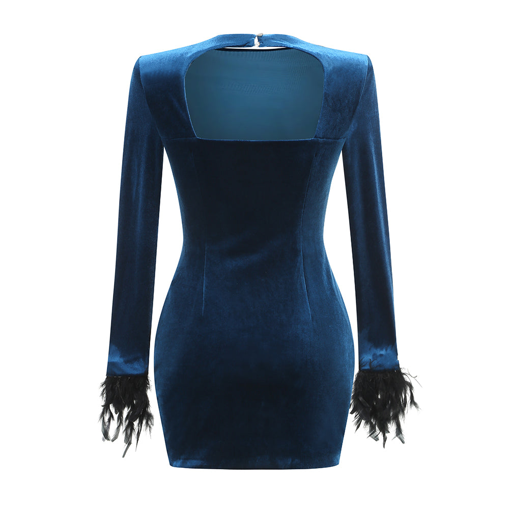 Feather Long Sleeve Velvet Dress Blue