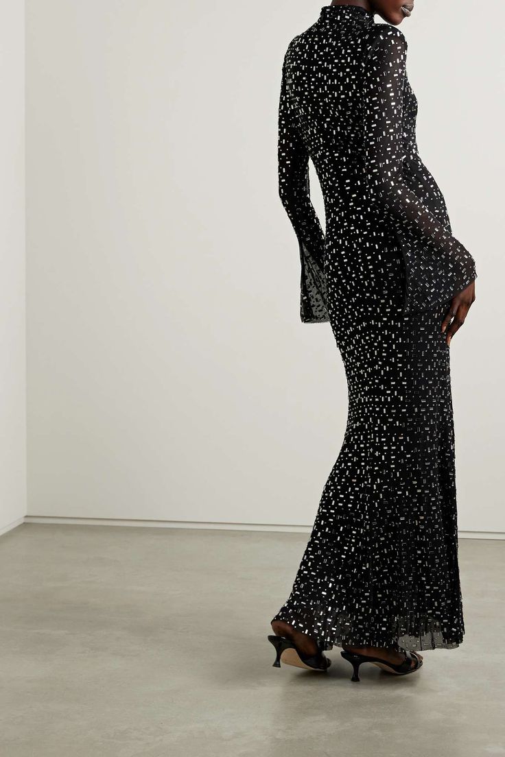Long Sleeve Embellished Mermaid Dress Black HV1750