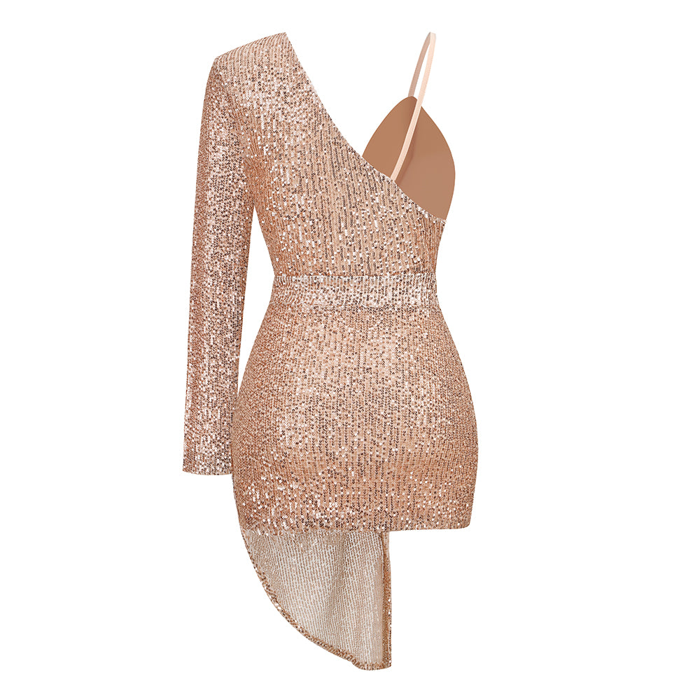 One Sleeve Draped Sequin Dress Gold HV9788