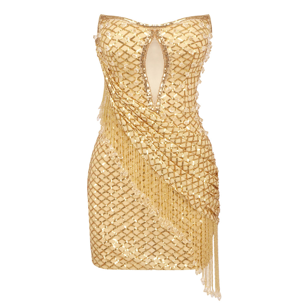 Strapless Sequin Tassel Dress Gold HV1794